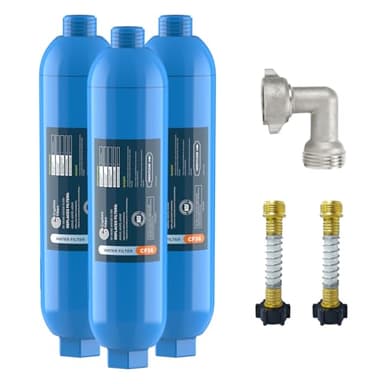 CRYSTALA RV/Camper Water Filter, Inline Water Filter Effectively Reduces Bad Taste, Odors, Chlorine and Sediment for RVs and Marines, 3 Pack Filter with 2 Flexible Hose Protector