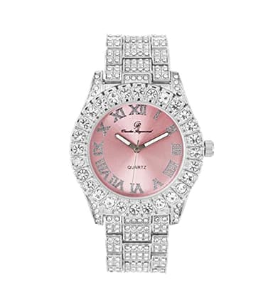 Charles Raymond Women's Big Rocks Bezel Colored Dial with Roman Numerals Fully Iced Out Watch - ST10327LA (ST10327LA SLV Pink)