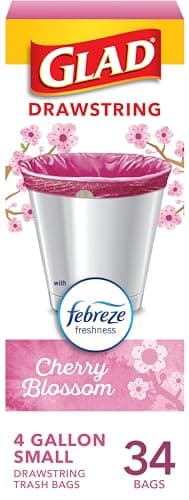 Glad Small Trash Bags 4 Gallon, Febreze Cherry Blossom Garbage Bags, Odor Resistant with Drawstring, 34 Count