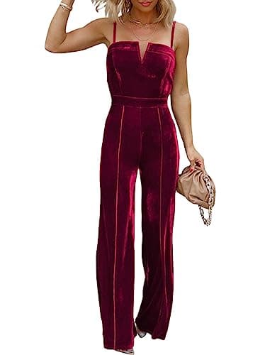 BLENCOT Sleeveless Velvet Jumpsuits For Women V Neck Spaghetti Straps Wide Leg Long Pants Dressy Rompers Winter Overalls Red Large