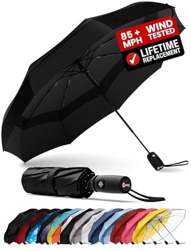 Windproof Travel Umbrella - Compact & Withstands Winds up to 85MPH, Strongest Premium Auto Folding Umbrella for Rain and Sun - Durable, Light & Portable for Women & Men, Fits Backpack & Cars