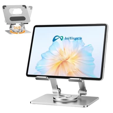 iPad Holder Stand, Tablet Holder with Thickened 360° Rotating Base Dual Rod Adjustable Aluminum Stand for All 4-12.9’’ iPad Surface Samsung Phone Tablet Kindle E-Reader and More, Silver