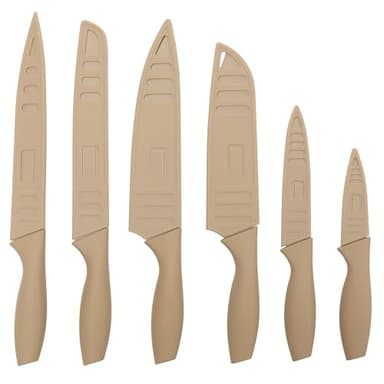 Gibson Home Bostonville 12 Piece Kitchen Knives Set W/Blade Guards/Sheaths, Chef Knife Sets With Nonstick Blades - Taupe