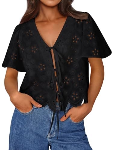 Trendy Queen Womens Summer Tops Peplum Crop Cute Boho Short Sleeve Cotton Blouses Beach Vacation Spring Outfits 2026 Tie Front Eyelet Embroidered Clothes Black S
