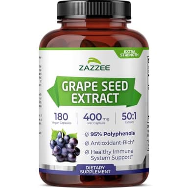 Zazzee High Strength Grape Seed 50:1 Extract, 180 Vegan Capsules, 95% Polyphenols, 400 mg per Capsule, 6 Month Supply, Standardized and Concentrated 50X Extract, Non-GMO, Made in The USA