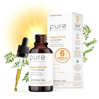 Pure Therapro Rx Vegan D3 + K2 Organic 100% Liposomal 20ml Made in USA | 6 Month Supply | Maximum Absorption Vitamin D3 and Vitamin K2 Supplements for Men and Women, D3 Vitamin 5000 IU