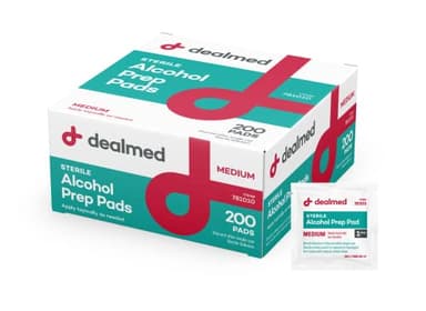Dealmed 200 Sterile Alcohol Prep Pads Isopropyl Wipes Individually Wrapped Medium Square, 2-Ply for Cuts Scrapes and General Cleansing