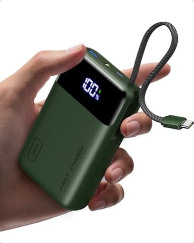 INIU 45W Portable Charger, Smallest 20000mAh Power Bank with Build in USB-C Cable, Fast Charging USB C in&Out Battery Pack, Travel Phone Charger for iPhone 17 16 15 Air Samsung S25 S24 Google, Green