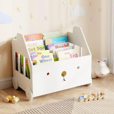 Jomzuci Wooden Kids Bookshelf Bookcase, Toddler Montessori Bookshelf, Nursery Book Shelves with 4 Adjustable Dividers, Book Shelf for Kids Rooms, Nursery, Bedroom, Classroom and Playroom Storage