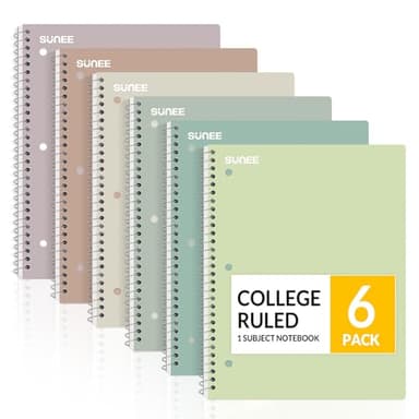 SUNEE Spiral Notebooks, 6 Pack, 1-Subject, College Ruled Paper, 8" x 10-1/2", 70 Sheets per Notebook, Assorted Aesthetic Colors Spiral Notebooks for School