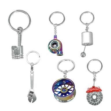 6PCS Car Parts Metal Keychain Set, Rim, Brake Disc, Engine Piston, Wrench, Manual Gear Shifter, Turbo Keyring for Car Lovers