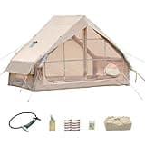 WaldZimmer 6sq Beige Inflatable Camping Tent with Hand Pump Easy Setup Waterproof Windproof Outdoor Blow up Tent 3-4 Person Oxford 4 Season Glamping Air Tents Cabin House with Mesh Windows & Door