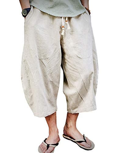 EKLENTSON Mens Capri Pants Cotton Linen Lightweight Loose 3/4 Long Shorts Below Knee White Casual Beach Yoga Pants, Beige, 40