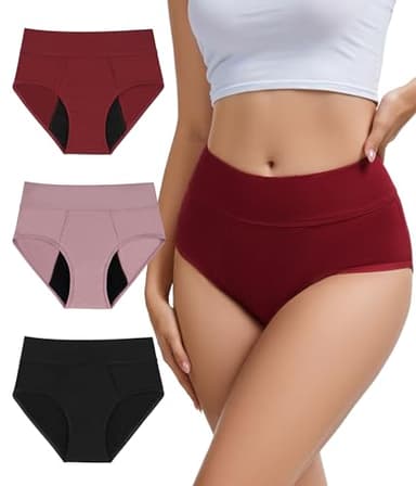 YESWEL Period Underwear for Women, Leak-proof Reusable High Waisted Briefs Menstrual Panties, Heavy Flow, Cotton 3 Pack (Large, Multicolor01)