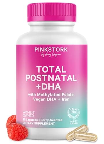 Pink Stork Total Postnatal Vitamins for Women | Vegan Algae DHA, Methylated Folate, Iron, B12 | Postpartum Recovery + Lactation Support | No Fishy Burps | Clean Label Award Winner, 60 Capsules, Berry