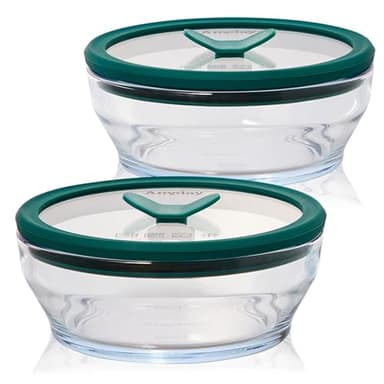 Anyday 2-Pack (2-Cup) Glass Food Storage Set with Glass Lids | Plastic-Free Meal Prep Set | Stackable Airtight Storage Container Set with Vented Lid for Microwave-Safe Reheating