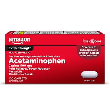 Amazon Basic Care Extra Strength Pain Relief, Acetaminophen Caplets, 500 mg, Pain Reliever/Fever Reducer, 100 Count