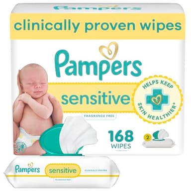 Pampers Sensitive Baby Wipes, Clinically Proven, Fragrance Free, Unscented, Water Based, Hypoallergenic, Multi-Use, Hand Wipes 168 Wipes Total (2X Flip-Top Packs) [Packaging May Vary]