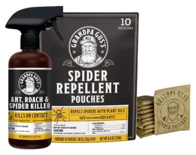 Grandpa Gus's Spider Repellent Pouches (10 Pouches) and Natural Ant, Roach & Spider Killer Spray (16 oz Bottle), Natural Formula Drives Crawling Insects Away, Safe for Use at Home, Cabin, RV & More