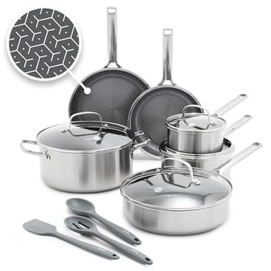 GreenPan Hybrid 13 Piece Nonstick Stainless Steel Cookware Set, APEX Tri-Ply Thermobond PFAS-Free Ceramic Pots & Pans, Induction & All Cooktop Compatible, Oven Temp to 850°F, Dishwasher Safe, Silver
