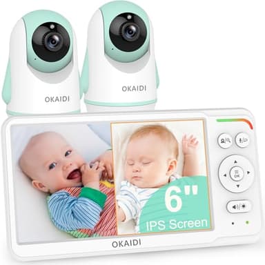 OKAIDI Baby Monitor with 2 Cameras and Audio, Video Baby Monitor with 6'' IPS Split-Screen, 1000ft Baby Camera Monitor with 30-Hour Battery, 150 Languages, ECO Mode, 2-Way Talk, No WiFi