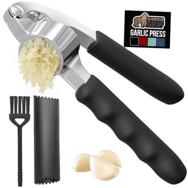 GORILLA GRIP Garlic Press and Peel Set, Heavy Duty Mincer Tool, Large Ergonomic Handle, Easily Mince and Crush Garlics, Ginger, Nuts, Seeds, Peeler Included, Peeling Cloves, Kitchen Gadgets, Black