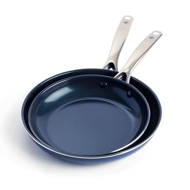 Blue Diamond 9.5” & 11" Nonstick Frying Pan Skillet Set, Diamond Infused PFAS-Free Ceramic, Dishwasher & Oven Safe, Stainless Steel Handle, Durable Non Toxic Metal Utensil Safe, Egg & Omelet Pans,Blue