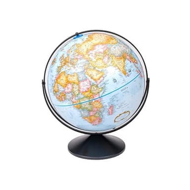 Replogle Eureka 16 inch desktop globe with up to date blue raised relief map and full swing gyromatic assembly. The beautiful blue ocean product has vast amounts of up-to-date information will pique the interest of any geographical connoisseur of all ages. This sturdy globe features over 4000 place names and political boundaries.