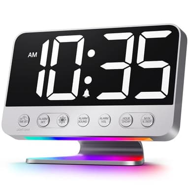 Odokee Digital Alarm Clocks for Bedrooms: Large Bold Number 5 Brightness Dimmer - Easy to Read Across The Room - 5 Alarm Sound 8 Night Light - Silver