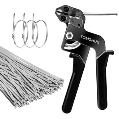 TOMSHUB Stainless Steel Cable Tie Gun with 100 Pcs 11.8 inch Metal Zip Ties Tool, Heavy Duty Self-locking Cable Tie Gun Kit for Fastening and Cutting Fence Exhaust Pipe Outdoor