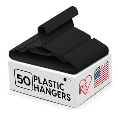 IRIS USA Lightweight Flexible Hangers 50 Pack, Made in USA, Plastic Clothes Hangers with Shoulder Grooves & Accessory Hooks, Dorm Apartment Essentials, Adult Hangers for Light Shirts, Black