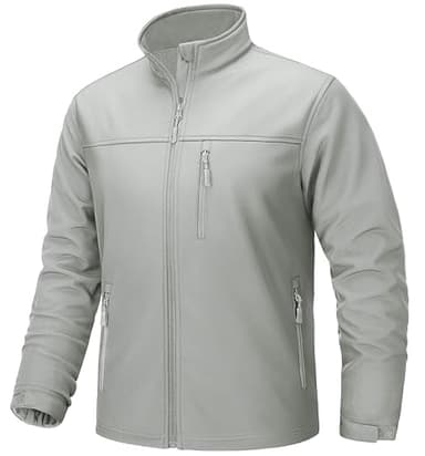 TACVASEN Waterproof Jackets for Men Stand Collar Softshell Tactical Jacket Fleece Lined Lightweight Mens Winter Coat Golf Running, Light Grey, 2XL