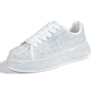 LUCKY STEP Rhinestone Sneakers for Women Platform Sparkly Glitter Bling Tennis Shoes Fashion Bedazzled Wedding Bridal Party Walking Sneakers(White Rhinestone,9)