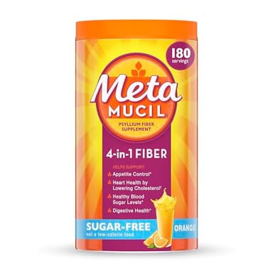 Metamucil 4-in-1 Psyllium Husk GLP-1 Friendly Fiber Supplement, Sugar-Free, 180 teaspoons, Orange Flavored, Daily Fiber Powder for Digestive Health, made with Plant-Based Psyllium Husk Fiber