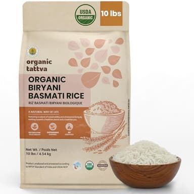 Organic Tattva Biryani Long Grain Basmati Rice (10 lbs) - Organic White Rice for Biryani - No Additive - Vegan - Non GMO - Gluten Free - USDA Certified