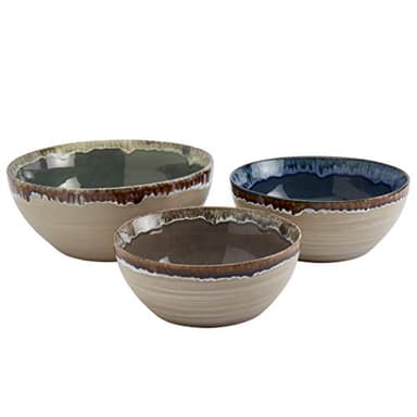 Tabletops Gallery Tuscan Reactive Glaze Stoneware- Platter Serving Bowl Mixing Bowl Mug, Tuscan 3 Piece Serving Bowl Set (Blue, Green, and Brown)