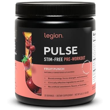 LEGION Pulse Pre Workout Supplement - All Natural Nitric Oxide Preworkout Drink to Boost Energy, Creatine Free, Naturally Sweetened, Beta Alanine, Citrulline, Alpha GPC (Caffeine Free Fruit Punch)