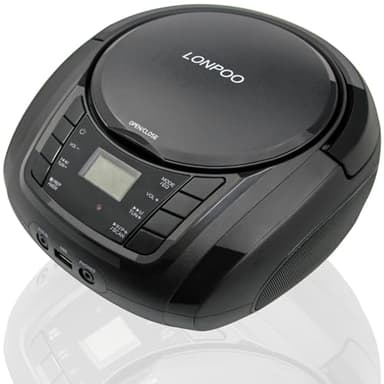 LONPOO Portable Boombox - CD Player, Bluetooth, USB, MP3, AUX, FM Radio, Portable, Built-in Stereo Speakers, Carrying Handle, LCD Display, Black