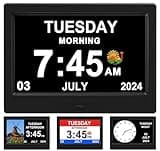 TIMEMOON Alarm Clock with Day and Date for Elderly Digital Calendar Clock Photo Frame- Auto Dimmable Display 15 Alarm Options (7inch Black)