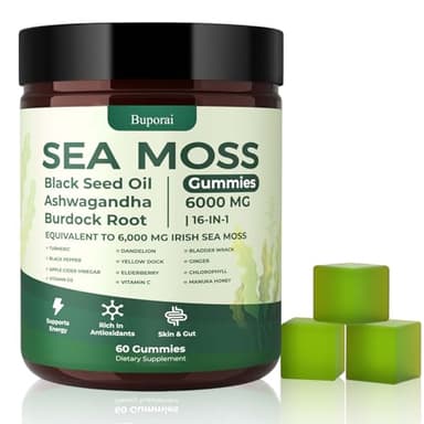 Buporai Sea Moss Gummies 16-1, Black Seed Oil Ashwagandha Turmeric Bladder Wrack Vitamin C Vitamin D3 Elderberry Manuka Dandelion Yellow Dock Apple Cider Vinegar for Men & Women