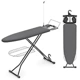 KINGBOARD Ironing Board, Compact Iron Board Full Size with Extra Thick Cover, 7 Adjustable Heights Iron Stand with Hanger and Iron Rest, Large Heavy Duty Ironing Board with Storage Tray, 13x43 Black