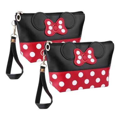 SAIDIC Cartoon Leather Makeup Bag for Women, Large Capacity Waterproof Cosmetic Travel Bag with Zippered Compartments, Cute Gifts for Girls, Teens, Fans (2Black)