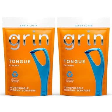 GRIN Tongue Cleaner, 32 Count, Disposable Tongue Cleaner, Hygienic Scraper, Recycled Plastic, Clean Tongue, Promote Fresh Breath, Includes Safe Fold- Back Tooth Pick (Pack of 2)