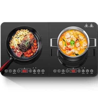Aobosi Double Induction Cooktop,Portable Induction Cooker with 2 Burner Independent Control,Ultrathin Body,10 Temperature,1800W-Multiple Power Levels,4 Hour Timer,Safety Lock