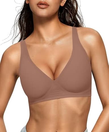 OEAK Womens Deep V Bras Wireless Comfortable Bra Supportive No Underwire Bras Tshirt Push Up Bralettes Plunge Seamless Bra Coffee L