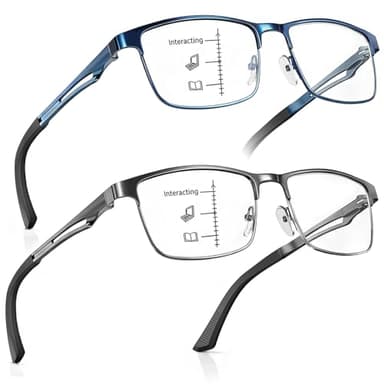 SKYFUEN Unbreakable Progressive Reading Glasses Men Multifocus Metal Full Frame, Blue Light Blocking/UV400 Protection Computer Readers with Durable Flexible Spring Hinges(Gunmetal+Navy Blue, +2.50)