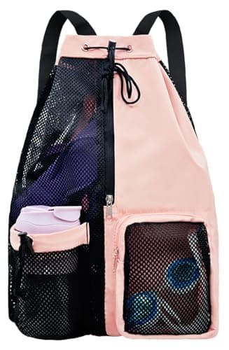 lifwimner Mesh Beach Backpack with Wet Pocket Drawstring Pool Bag Waterproof Swimming Bag Gym Backpack for Men & Women(Pink)
