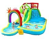 WELLFUNTIME Inflatable Water Double Slides Park with Blower, Bouncy Castle with Rainbow Water Curtain, with Shooting and Rock Climbing