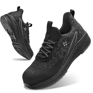 SPIEZ Slip-On Safety Shoes for Men & Women - Non-Steel Composite Toe, Fashion Sneaker Design, Hands-Free Convenience, All-Day Protection, Black Gray US 6-13.5