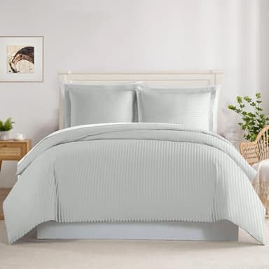 BVH Cotton Co. Unique Design 3 Sided Zipper Closure Duvet Cover Set, Luxury Soft 600-TC Peruvian Pima Cotton Duvet Cover Set Oversized King (120" x 98") (Silver Grey, Stripe)